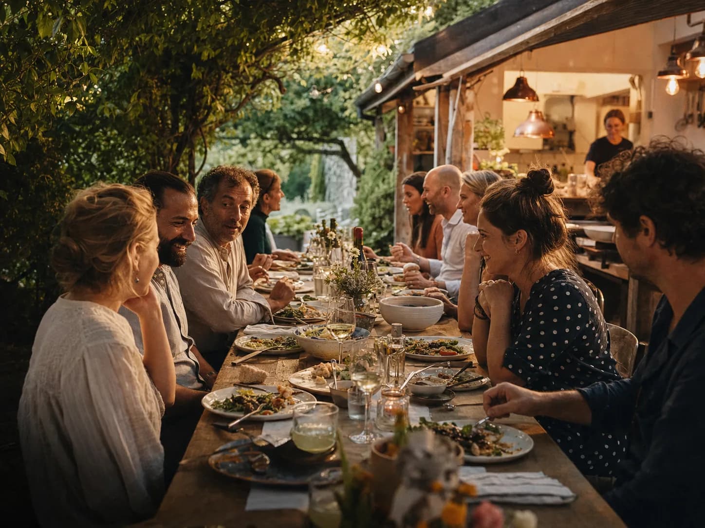 People sharing food and conversation around an outdoor long table