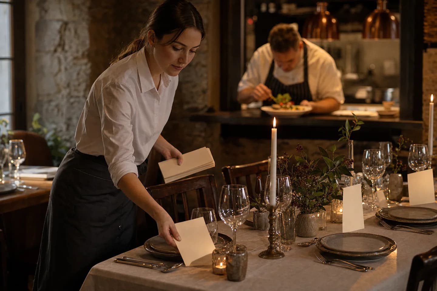 A table being set while a chef plates food in the kitchen beyond